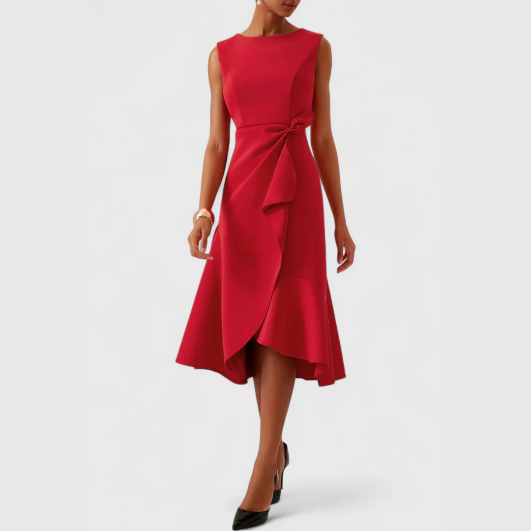 Sheila | Women’s Draped Asymmetric Sleeveless Midi Dress with Ruffle Detail
