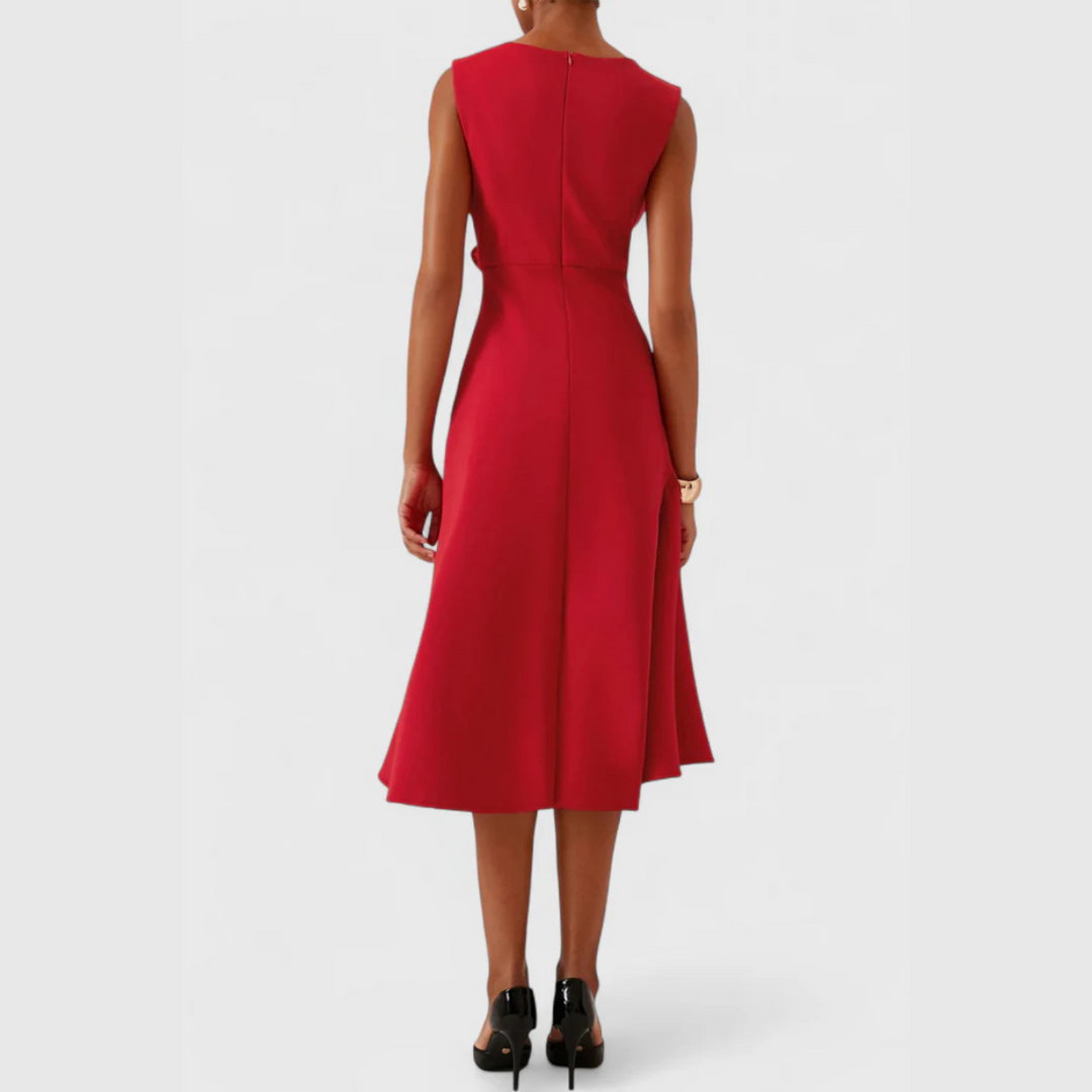 Sheila | Women’s Draped Asymmetric Sleeveless Midi Dress with Ruffle Detail