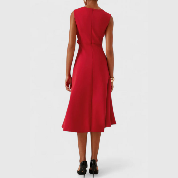 Sheila | Women’s Draped Asymmetric Sleeveless Midi Dress with Ruffle Detail