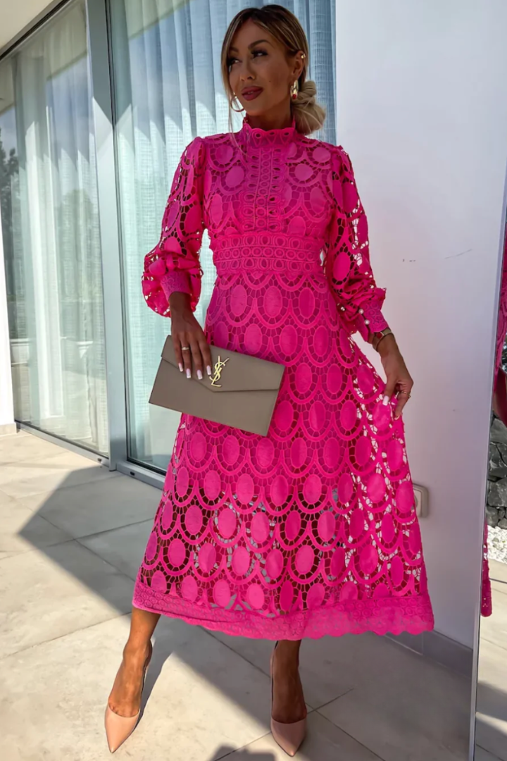 Mina | Women's Lace Detail Puff Sleeve Midi Dress with Hgh Neck