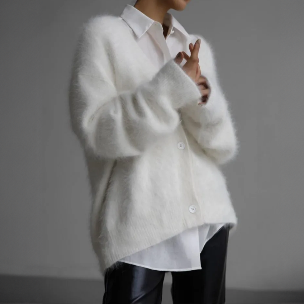 Anna | Women’s Fluffy V-neck Knit Cardigan with Buttons