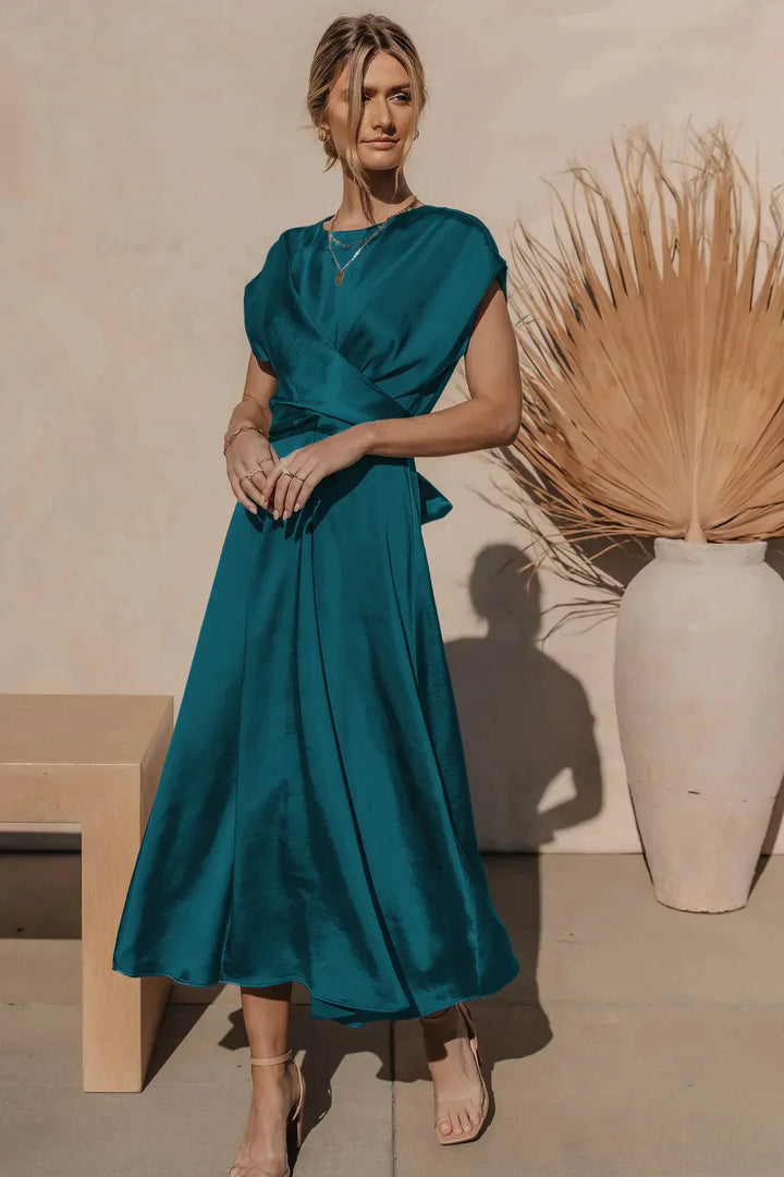 Seraphine | Women’s Elegant Satin Party Midi Dress with Short Sleeves