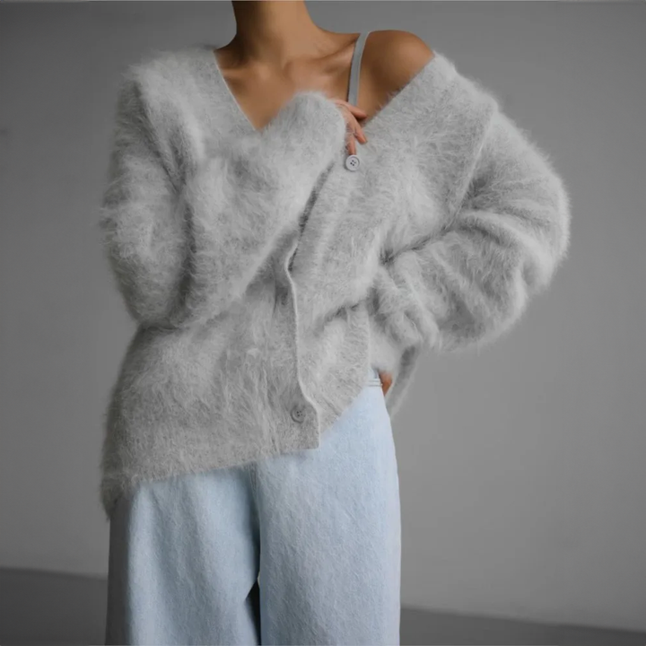 Anna | Women’s Fluffy V-neck Knit Cardigan with Buttons