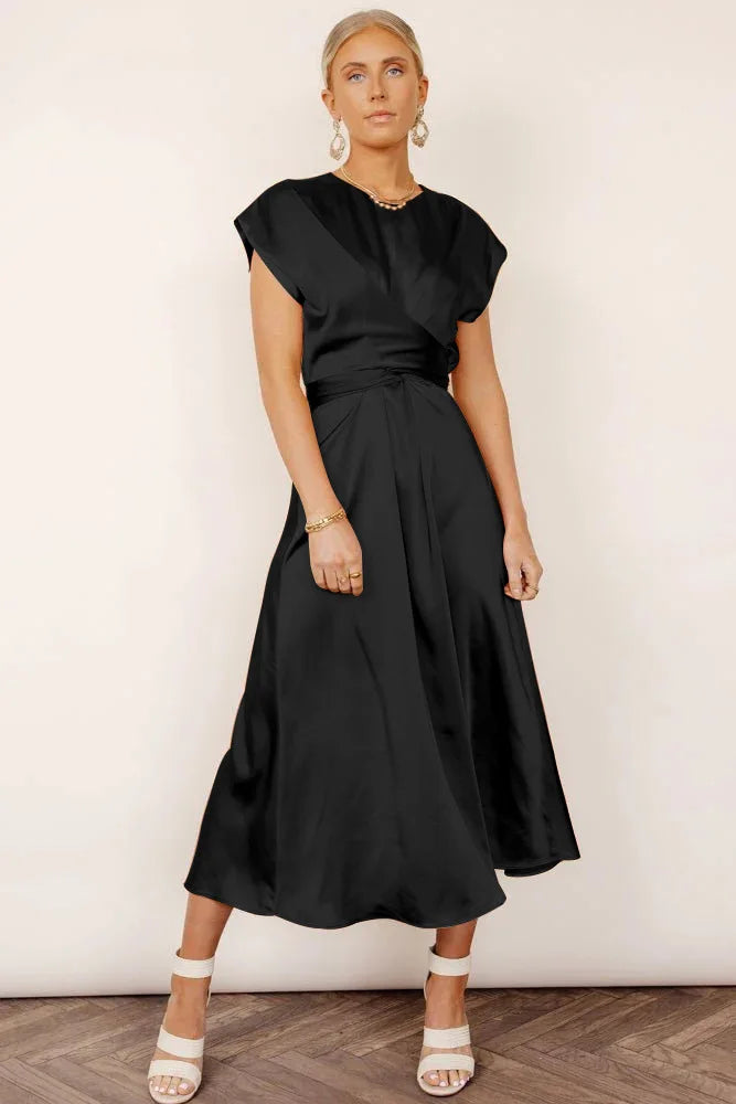 Seraphine | Women’s Elegant Satin Party Midi Dress with Short Sleeves