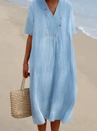 Iris | Women’s Linen Midi Dress with Short Sleeve and V-neckline