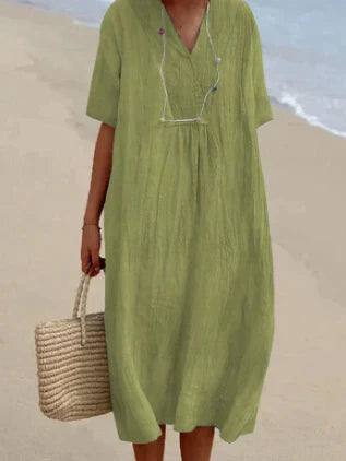Iris | Women’s Linen Midi Dress with Short Sleeve and V-neckline