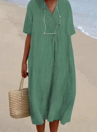 Iris | Women’s Linen Midi Dress with Short Sleeve and V-neckline