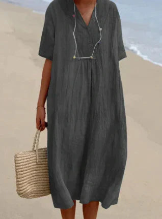Iris | Women’s Linen Midi Dress with Short Sleeve and V-neckline