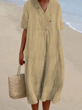 Iris | Women’s Linen Midi Dress with Short Sleeve and V-neckline