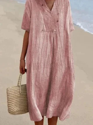 Iris | Women’s Linen Midi Dress with Short Sleeve and V-neckline