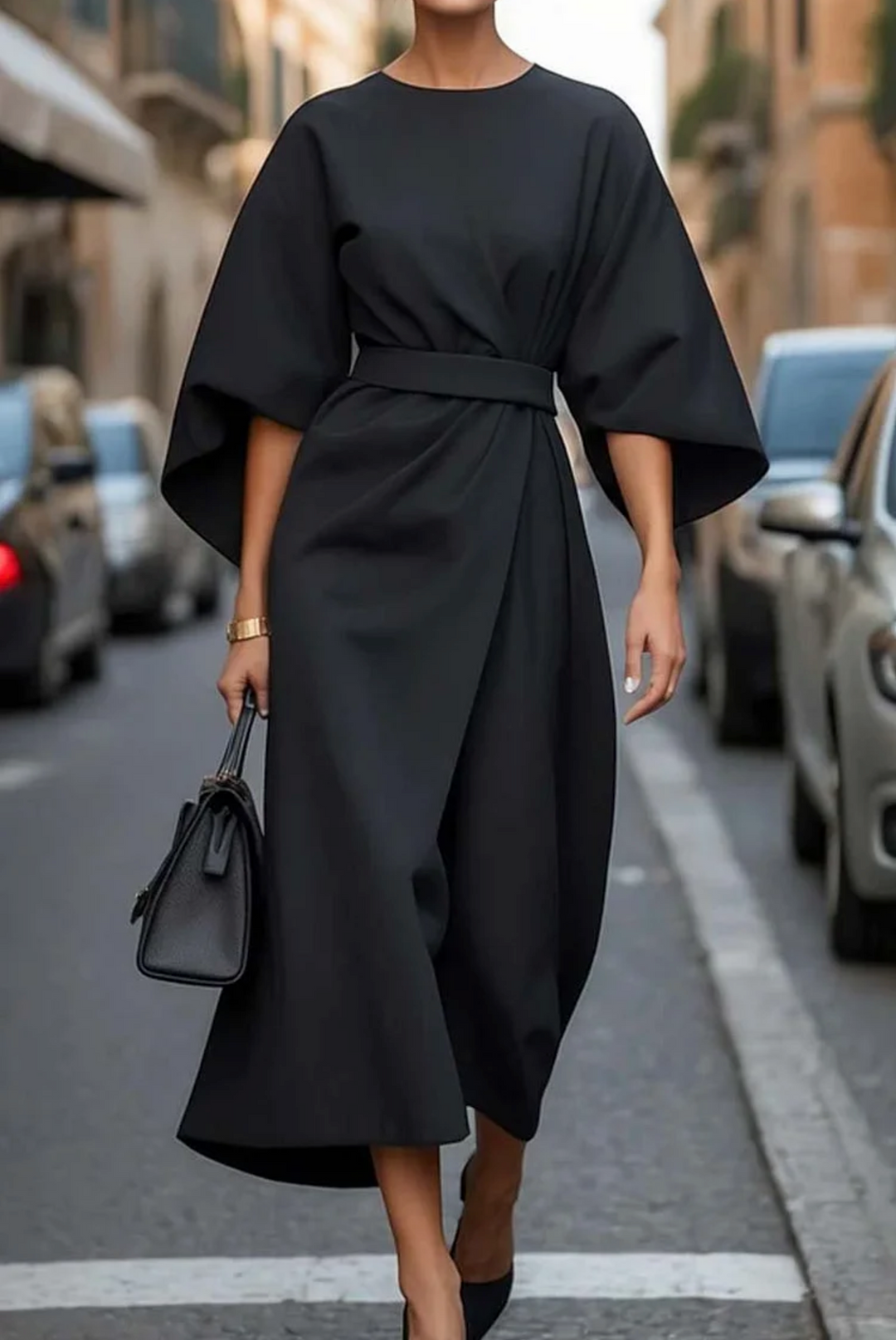 Elvira | Women’s Batwing Sleeve Midi Dress with Waist Belt