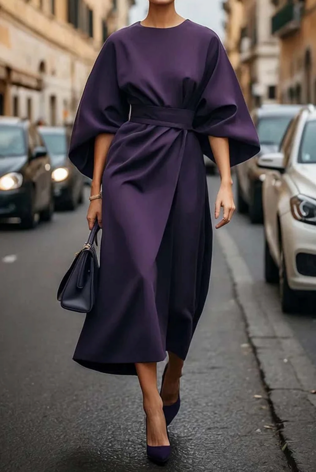 Elvira | Women’s Batwing Sleeve Midi Dress with Waist Belt