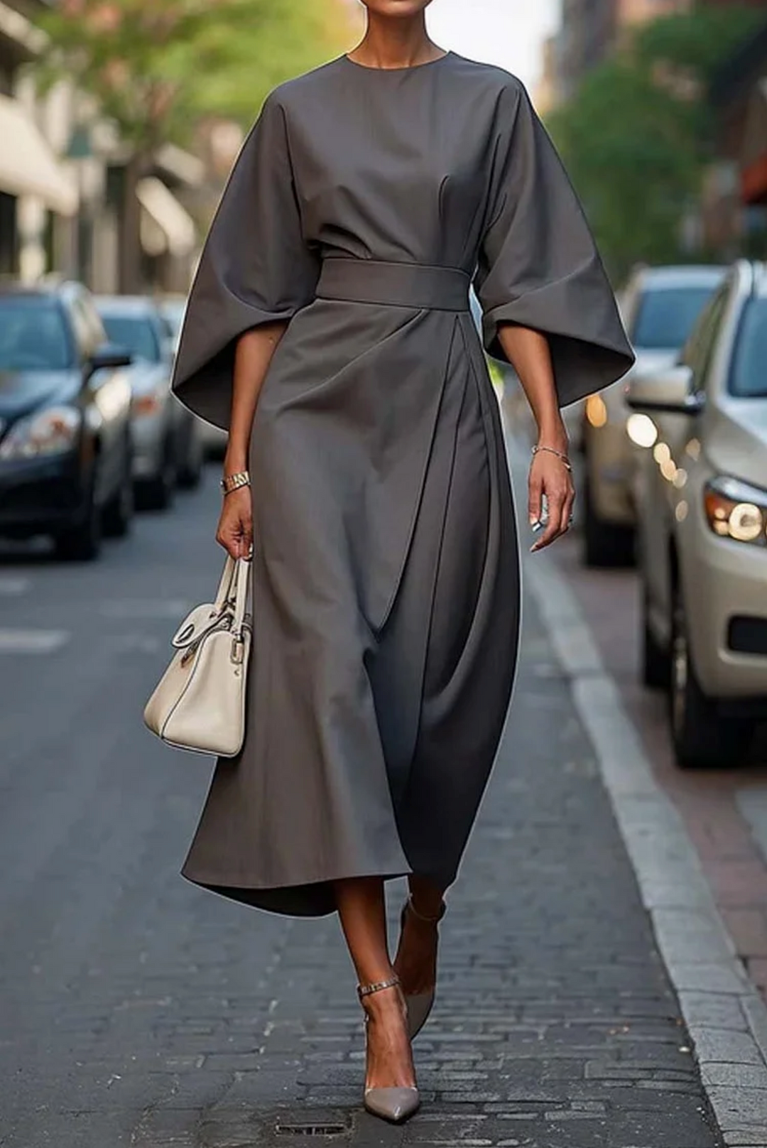 Elvira | Women’s Batwing Sleeve Midi Dress with Waist Belt
