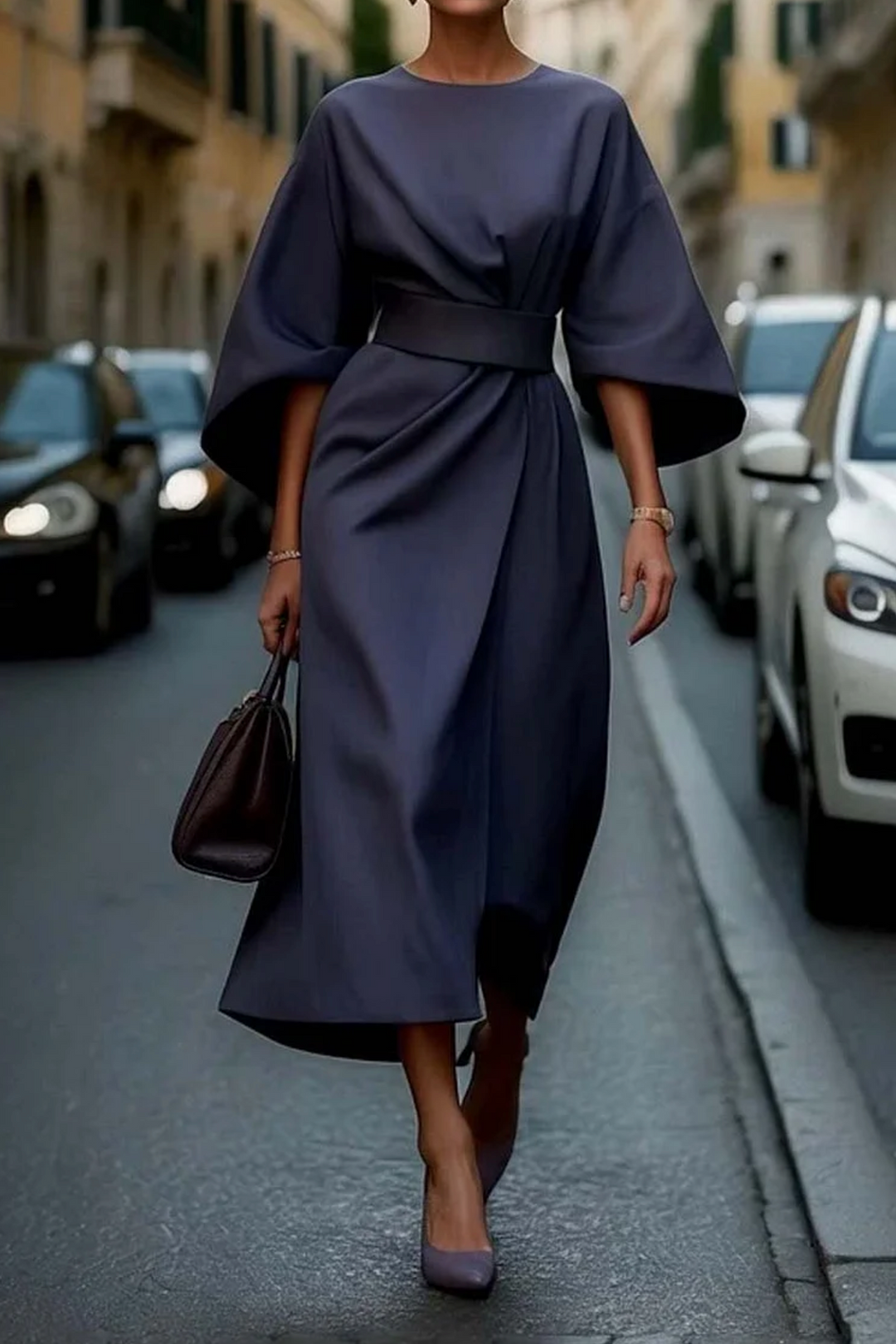 Elvira | Women’s Batwing Sleeve Midi Dress with Waist Belt