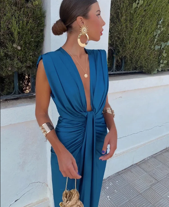 Maristelle | Women’s Sleeveless Deep V-Neck Draped Midi Dress with Front Knot