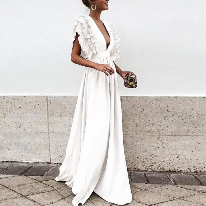 Selene | Women’s Elegant Maxi Dress with V-neck and Ruffle Sleeves