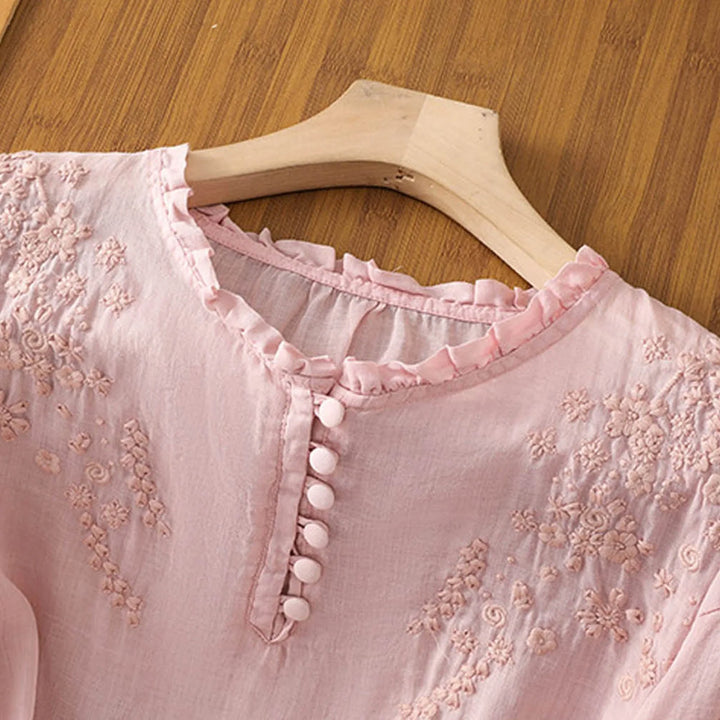 Delphine | Women's Embroidered Button Front Blouse with Half Sleeve