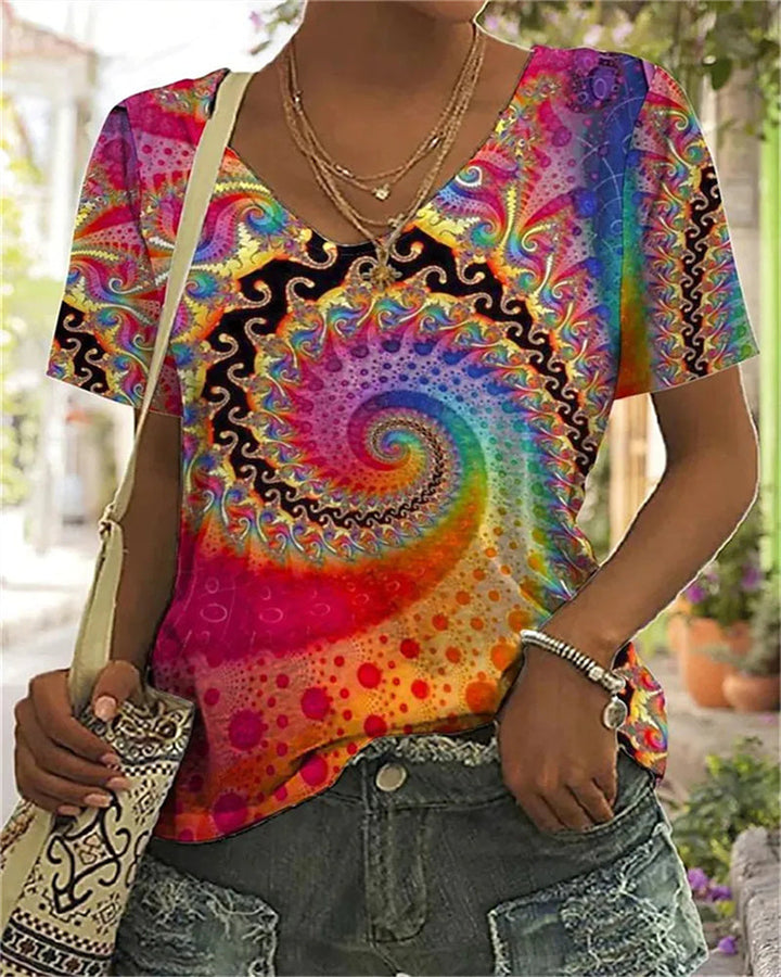 Celina | Women’s Short Sleeve V-neck Top with Spiral Multicolor