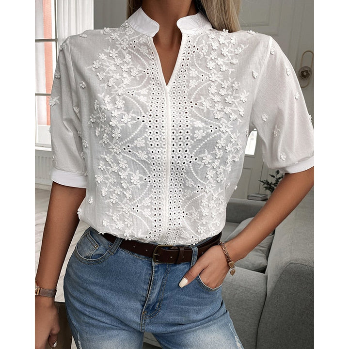 Luisa | Women’s Floral Puff Sleeve Blouse with Eyelet and Embroidered