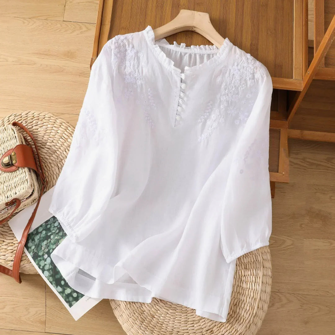Delphine | Women's Embroidered Button Front Blouse with Half Sleeve