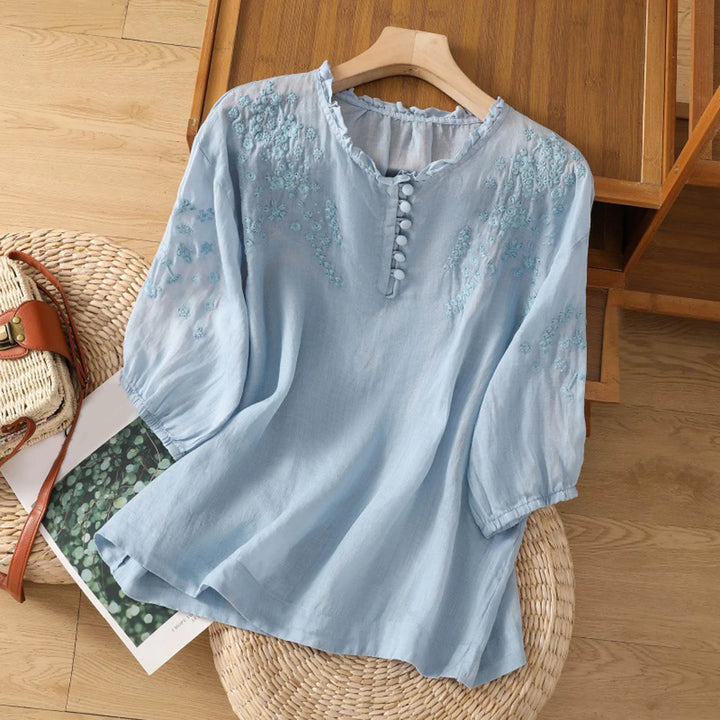 Delphine | Women's Embroidered Button Front Blouse with Half Sleeve