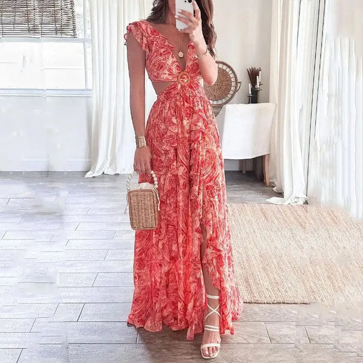 Rosalie | Women’s Floral Cut-Out Maxi Dress with Ruffle Sleeves
