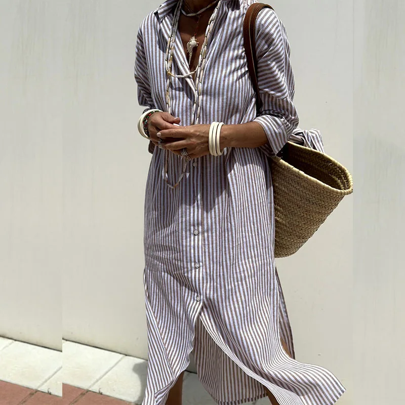 Charlene | Women’s Long Sleeve Striped Shirt Dress with Button Up