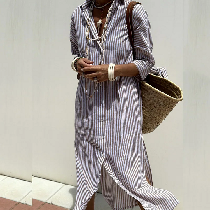 Charlene | Women’s Long Sleeve Striped Shirt Dress with Button Up