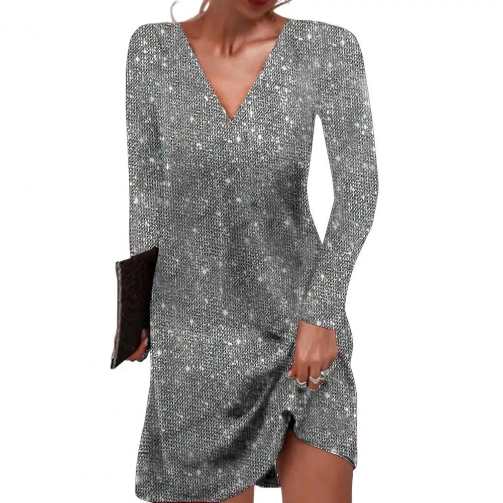Brielle | Women’s Sequin Mini Party Dress with Long Sleeve and V-neck