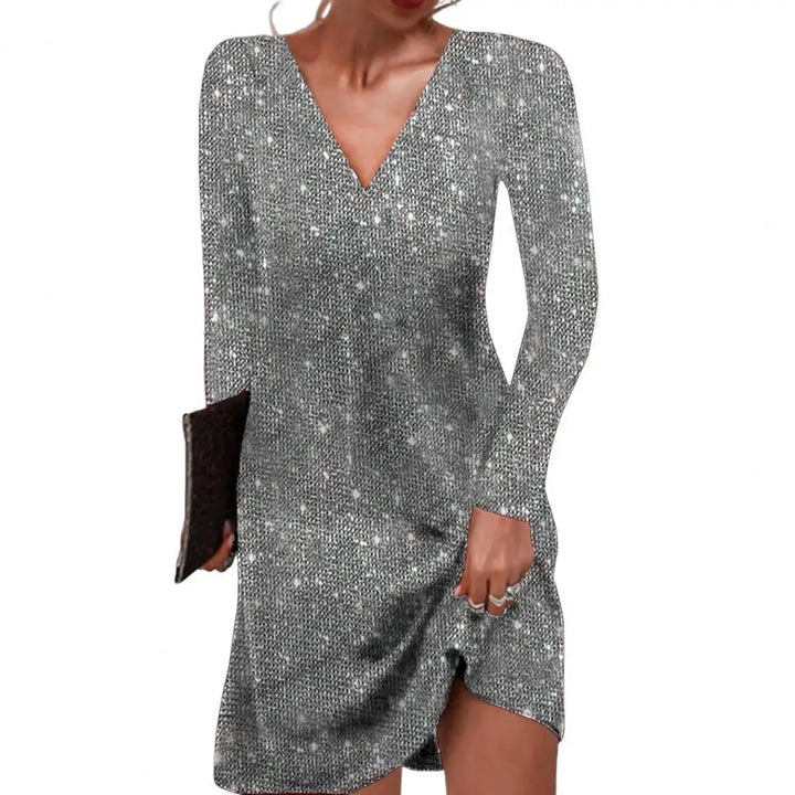 Brielle | Women’s Sequin Mini Party Dress with Long Sleeve and V-neck