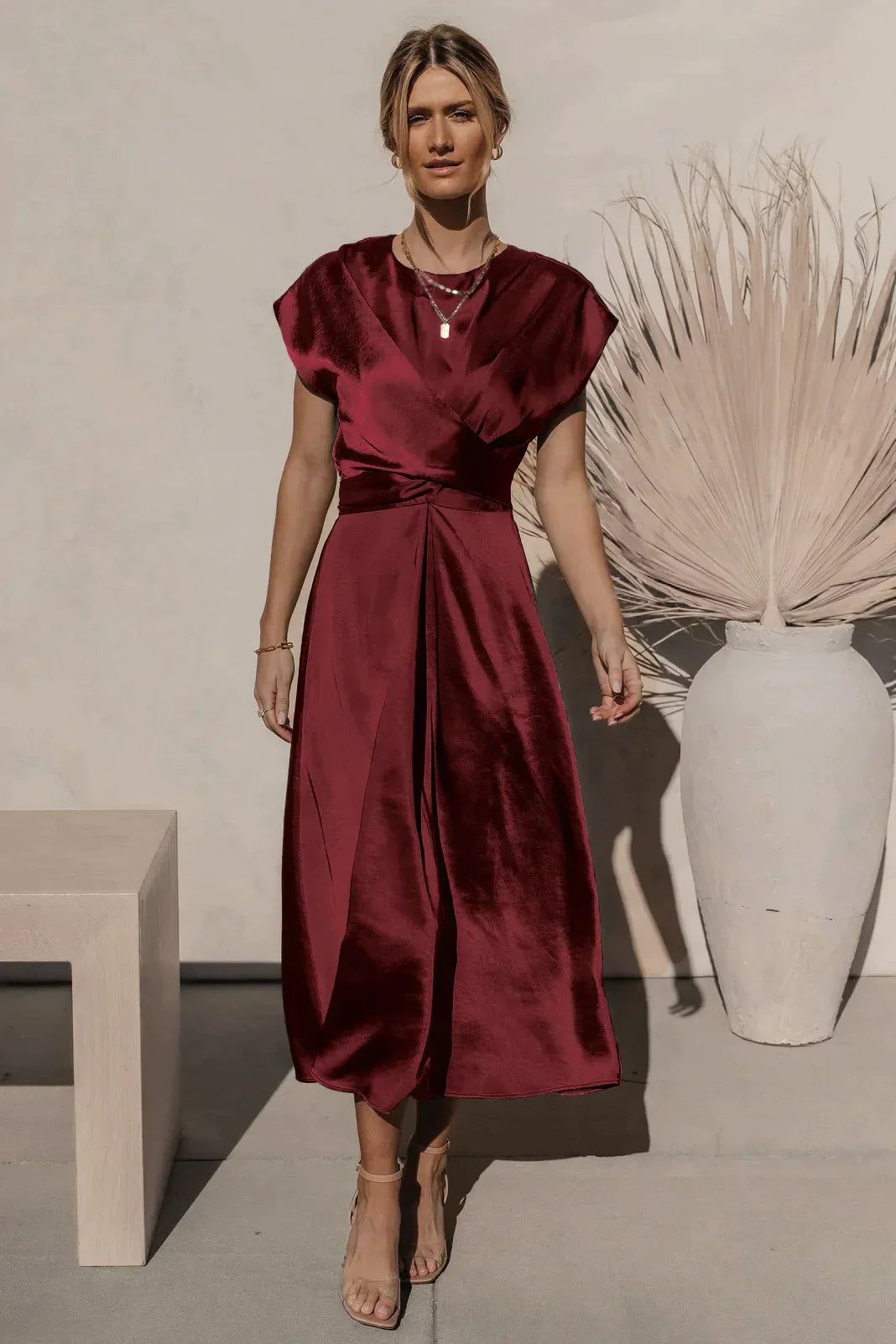 Seraphine | Women’s Elegant Satin Party Midi Dress with Short Sleeves