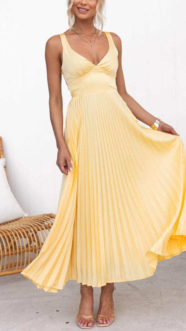 Aby | Women’s Pleated V-neck Maxi Dress with Criss Cross Back
