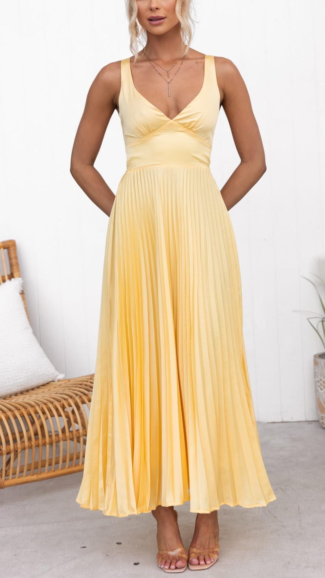 Aby | Women’s Pleated V-neck Maxi Dress with Criss Cross Back