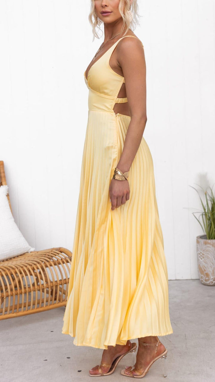 Aby | Women’s Pleated V-neck Maxi Dress with Criss Cross Back