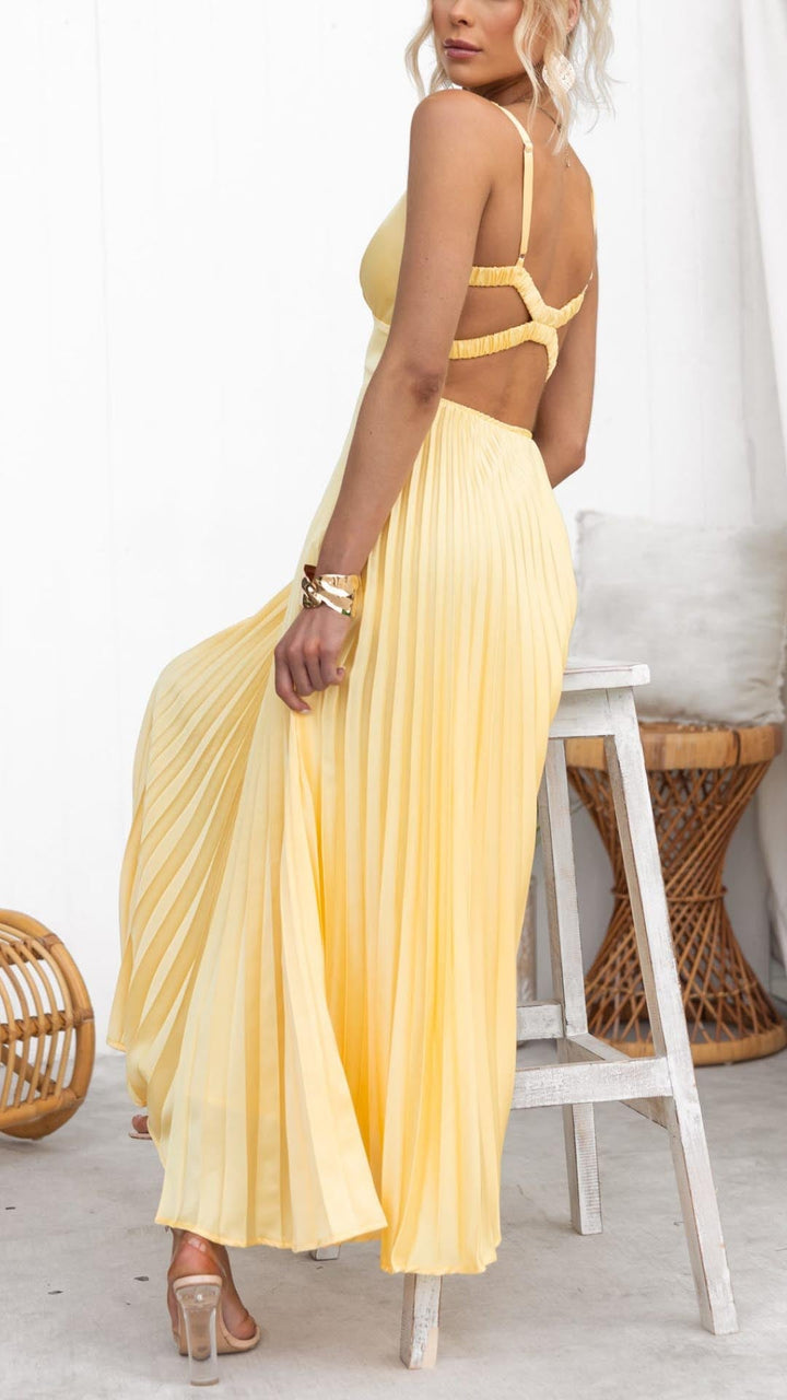Aby | Women’s Pleated V-neck Maxi Dress with Criss Cross Back