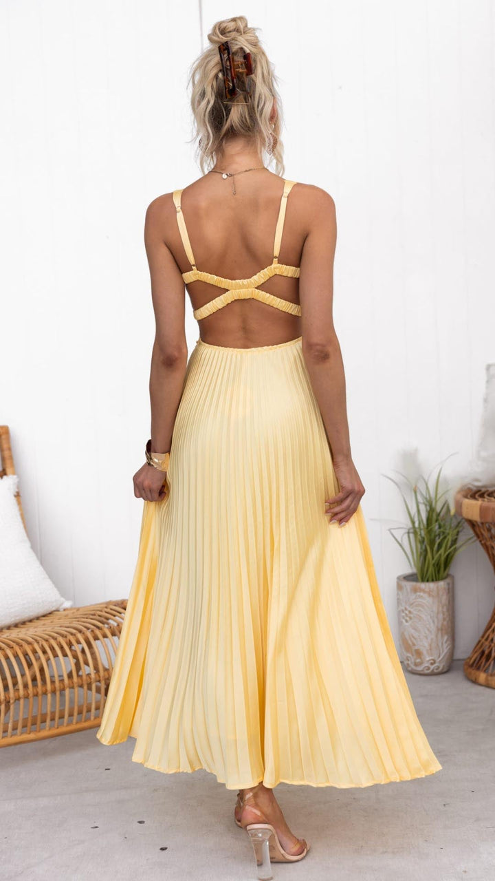 Aby | Women’s Pleated V-neck Maxi Dress with Criss Cross Back