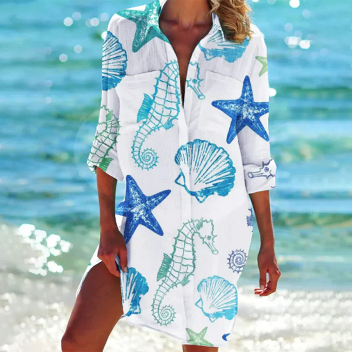 Maelis | Women’s Summer Shirt Dress with Sea Prints