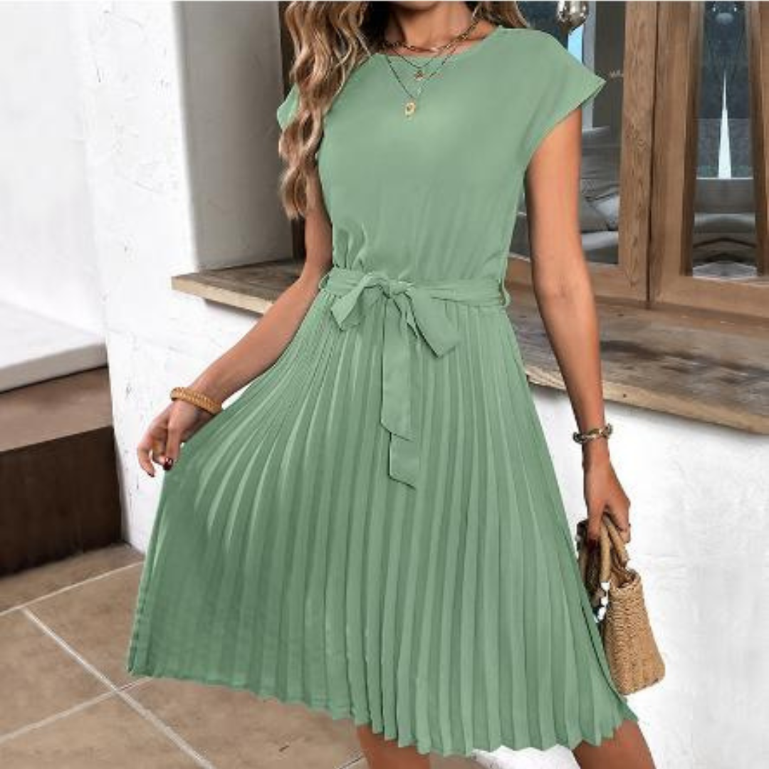 Arlena | Women’s Short Sleeve Pleated Midi Dress with Belt