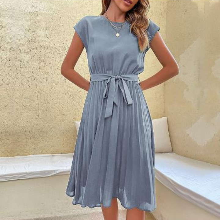 Arlena | Women’s Short Sleeve Pleated Midi Dress with Belt