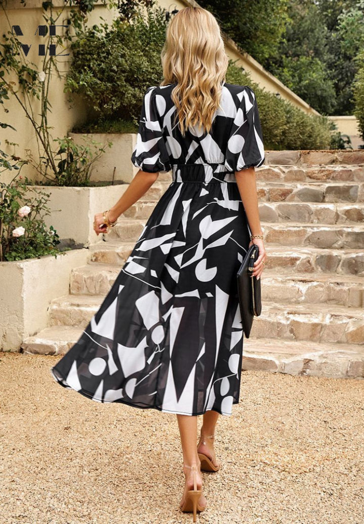 Cambrie | Women's Puff Sleeve V-neck Midi Dress with Prints