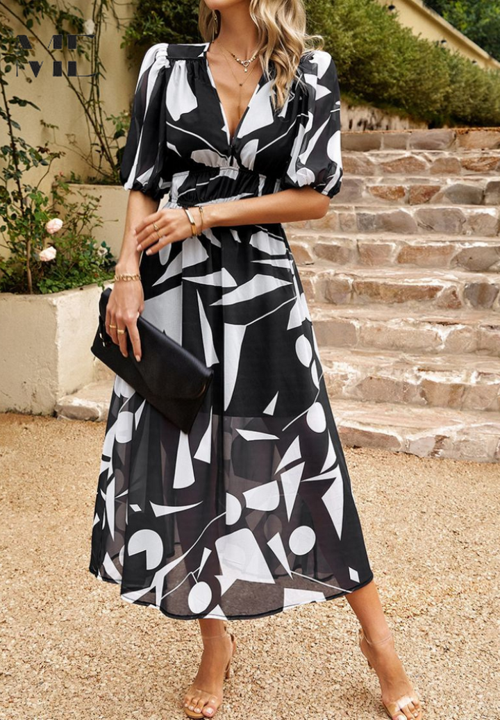 Cambrie | Women's Puff Sleeve V-neck Midi Dress with Prints
