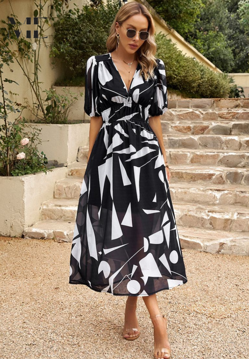 Cambrie | Women's Puff Sleeve V-neck Midi Dress with Prints
