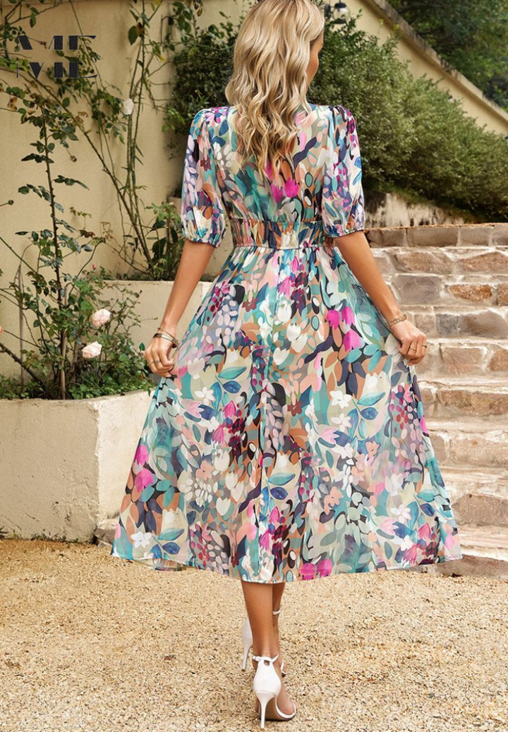 Cambrie | Women's Puff Sleeve V-neck Midi Dress with Prints