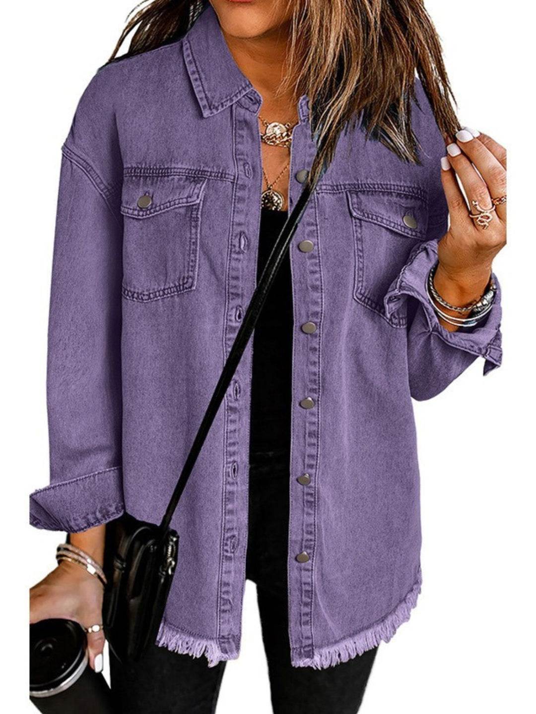 Cressida | Women's Classic Button Front Denim Jacket with Tassel Hem