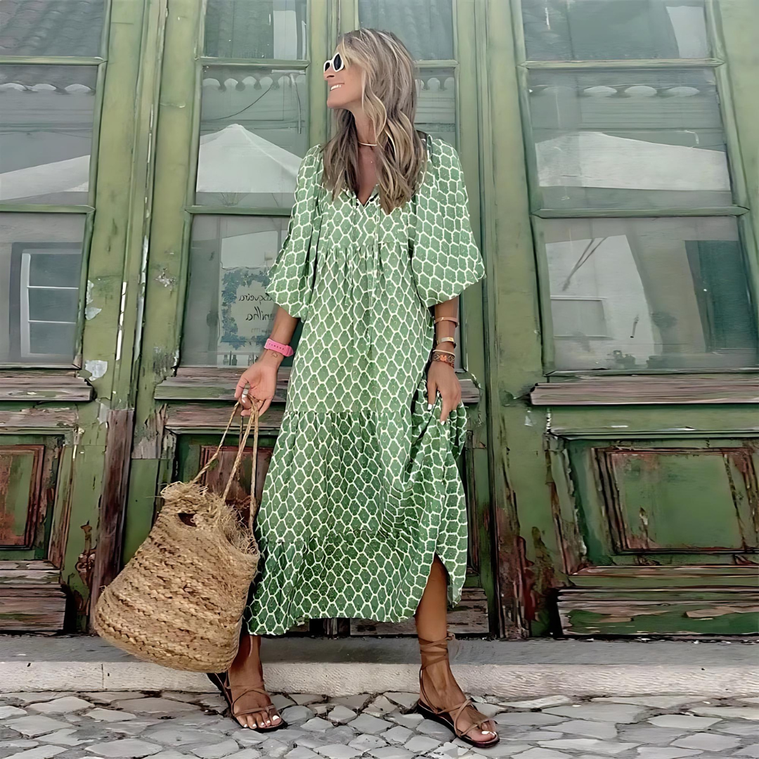 Ophira | Women's Puff Sleeve Boho Dress with V-neckline