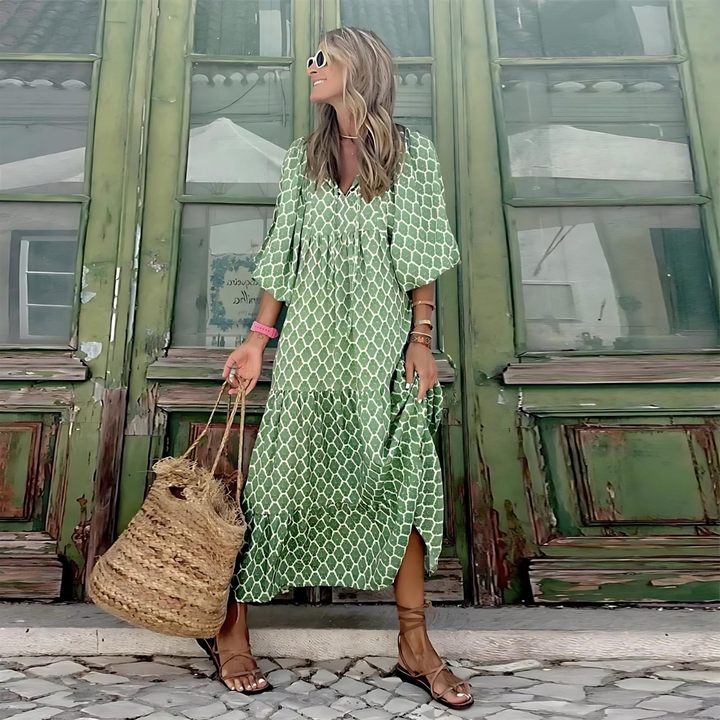 Ophira | Women's Puff Sleeve Boho Dress with V-neckline