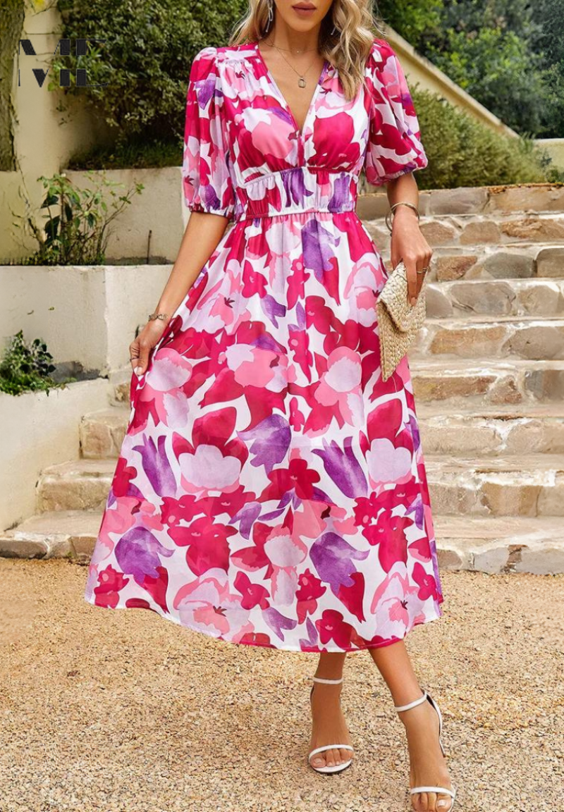 Cambrie | Women's Puff Sleeve V-neck Midi Dress with Prints