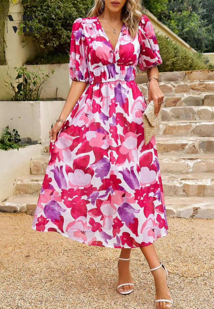 Cambrie | Women's Puff Sleeve V-neck Midi Dress with Prints