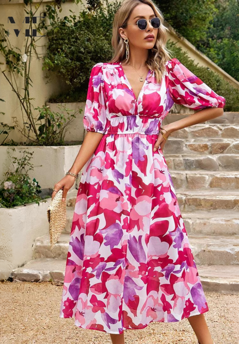 Cambrie | Women's Puff Sleeve V-neck Midi Dress with Prints