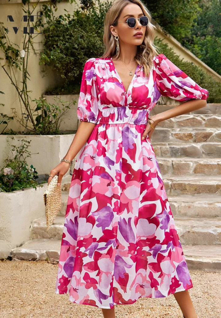 Cambrie | Women's Puff Sleeve V-neck Midi Dress with Prints